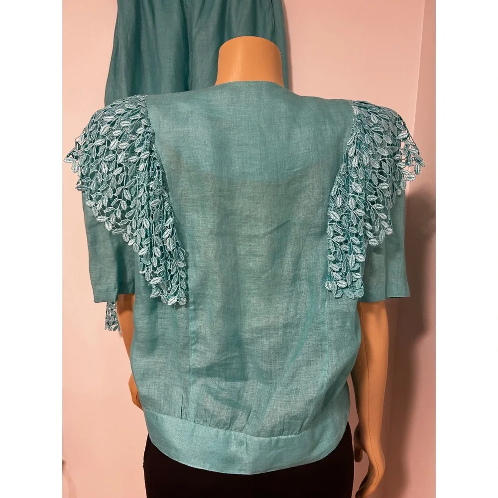 LERMAJ Vintage Teal Linen Blend Two Piece Set Lace Wrap Top Wide Leg Pants M/L